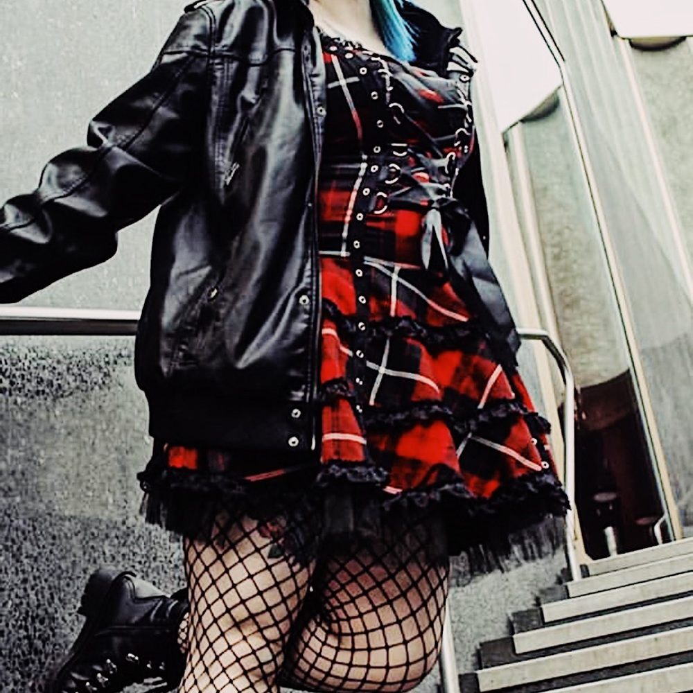 Hell Bunny M Red Tartan Lace Up Mini Dress - Picture 2 of 6